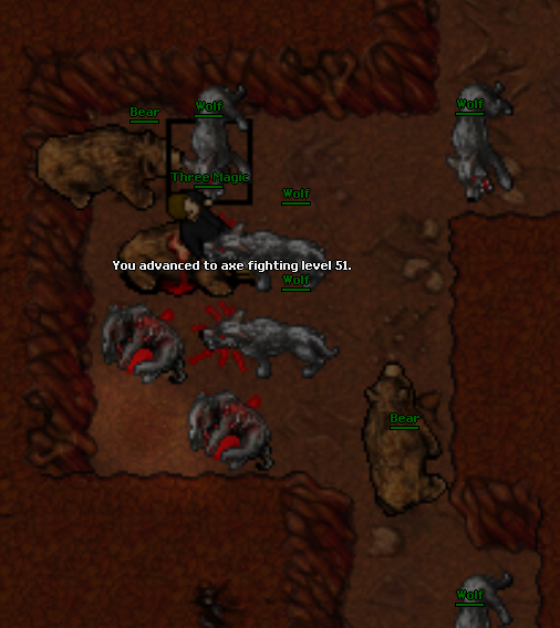 Image of Three Magic inside a cave with lots of bears and wolves around him as he advances to axe fighting level 51.